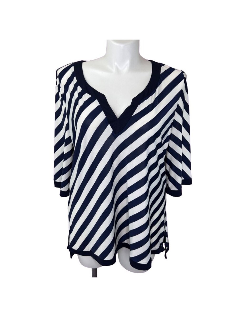 LAPIS NAVY BLUE & WHITE STRIPE V-NECK TOP - 3X